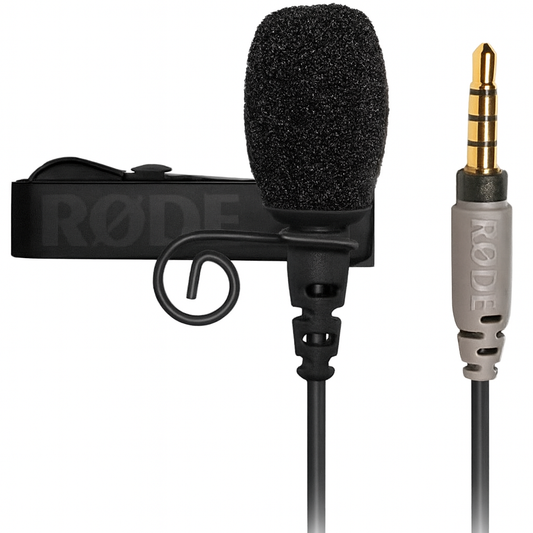 Rode lavalier microphone with clip and connector on a white background