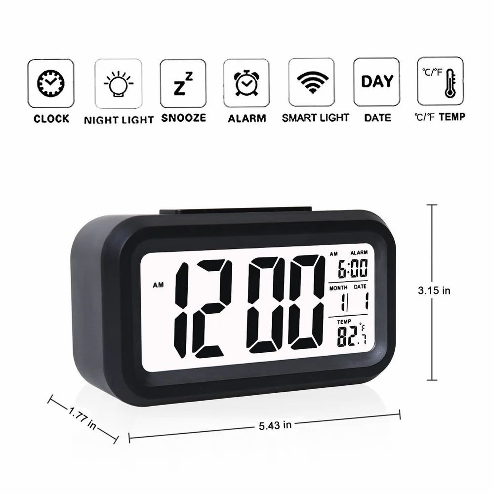 Digital LCD Alarm Clock with Temperature Display Black