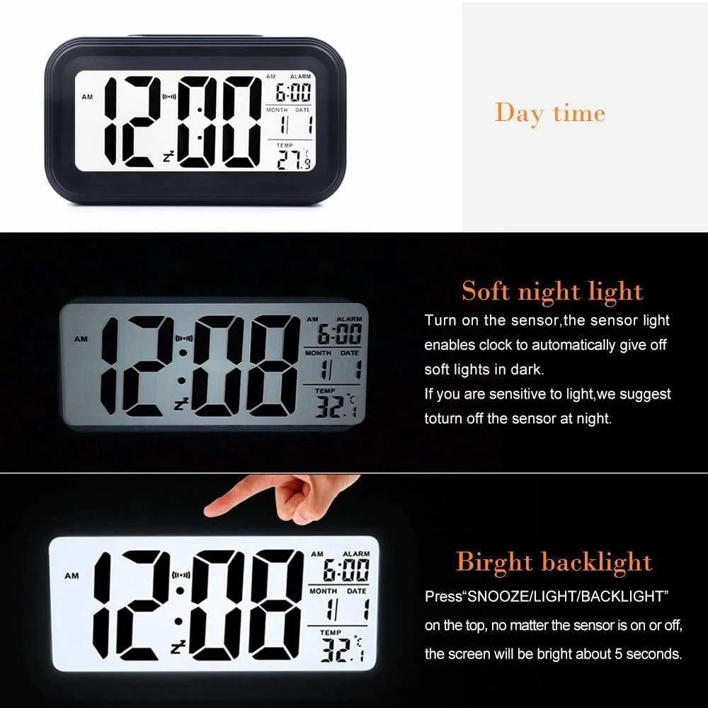 Digital LCD Alarm Clock with Temperature Display Black