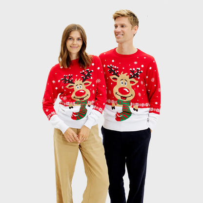 Festive Couple's Ugly Christmas Sweater with Reindeer and Scarf