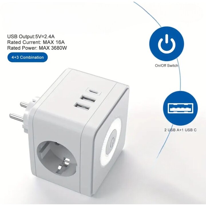 Cube Multifunctional Socket 3x USB LED Night Light White