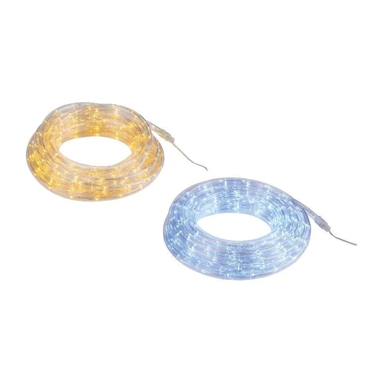 Two rolls of LED string lights, one yellow and one blue, on a white background.