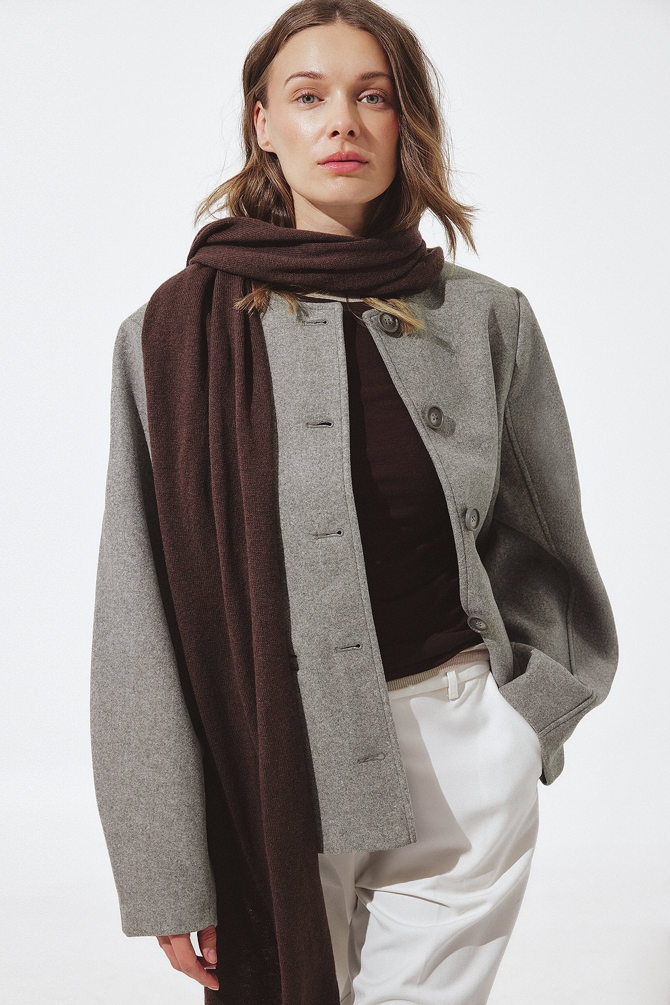 Chic Grey Rounded Sleeve Short Coat - Women's Stylish Button-Front Jacket