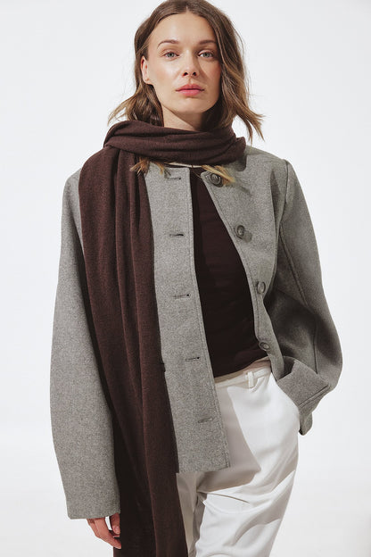 Chic Grey Rounded Sleeve Short Coat - Women's Stylish Button-Front Jacket