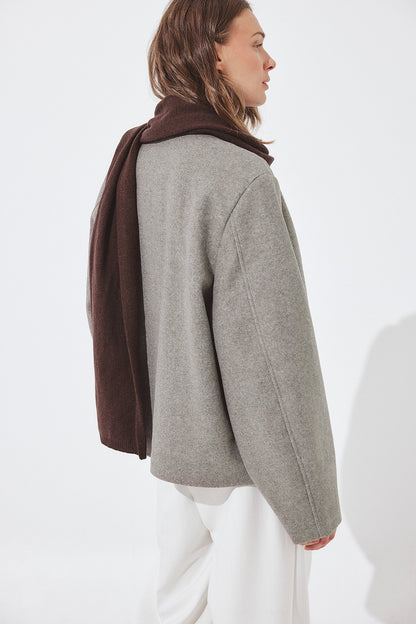 Chic Grey Rounded Sleeve Short Coat - Women's Stylish Button-Front Jacket