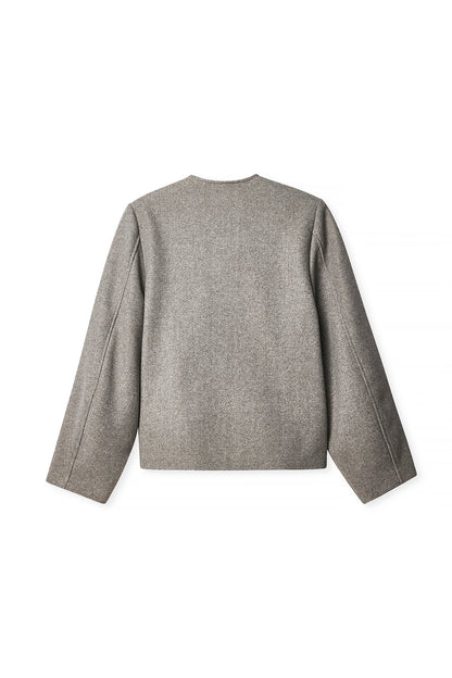 Chic Grey Rounded Sleeve Short Coat - Women's Stylish Button-Front Jacket