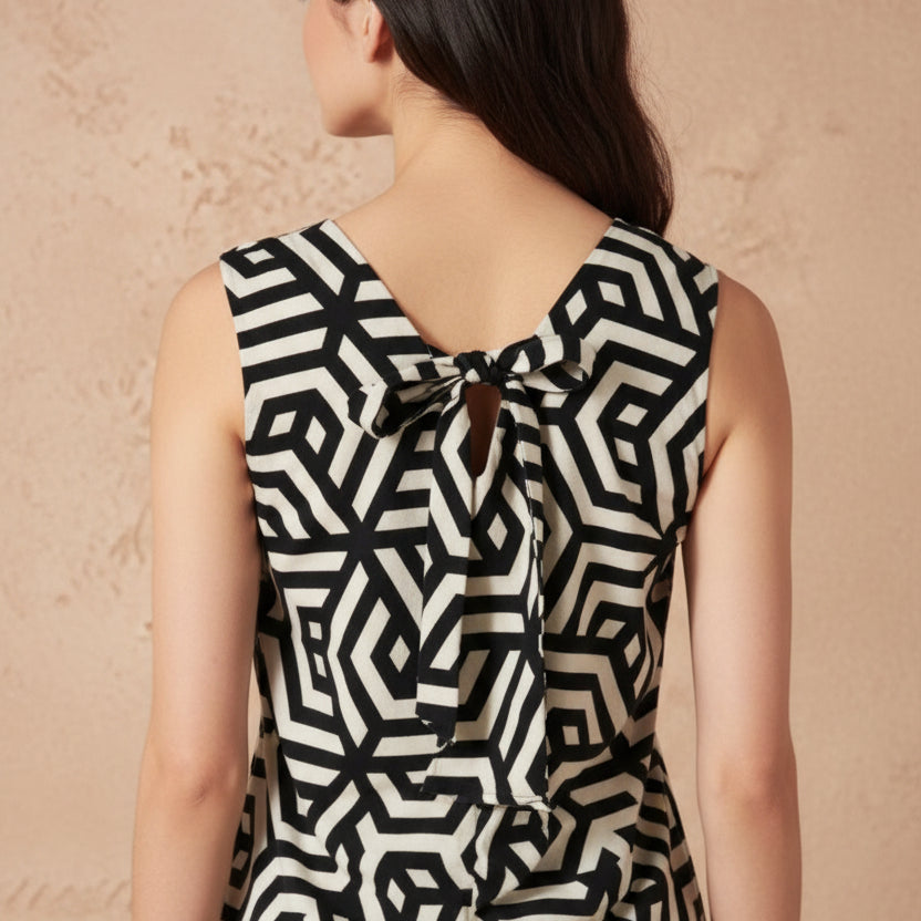 ESMARA Women's Linen Blend V-Neck Dress Geometric Print Black Cream