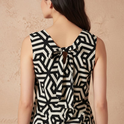 ESMARA Women's Linen Blend V-Neck Dress Geometric Print Black Cream