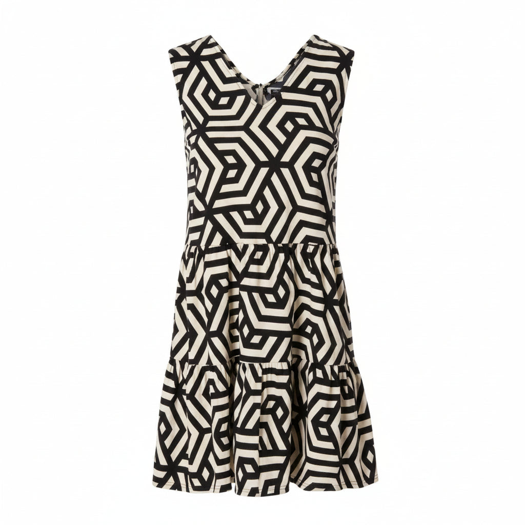 ESMARA Women's Linen Blend V-Neck Dress Geometric Print Black Cream