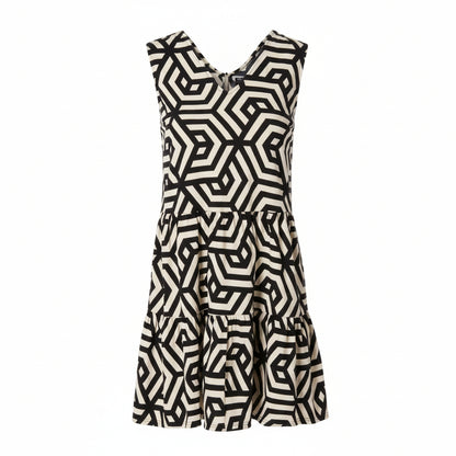 ESMARA Women's Linen Blend V-Neck Dress Geometric Print Black Cream