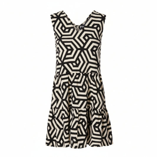 ESMARA Women's Linen Blend V-Neck Dress Geometric Print Black Cream
