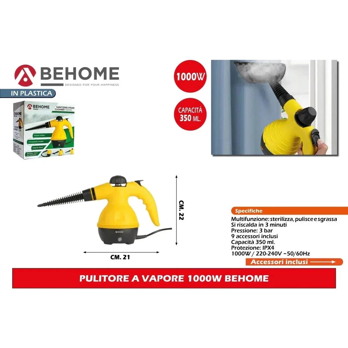 1000W Ergonomic Handle Portable Yellow Steam Cleaner with 9 Accessories - Gomix Brands Outlet