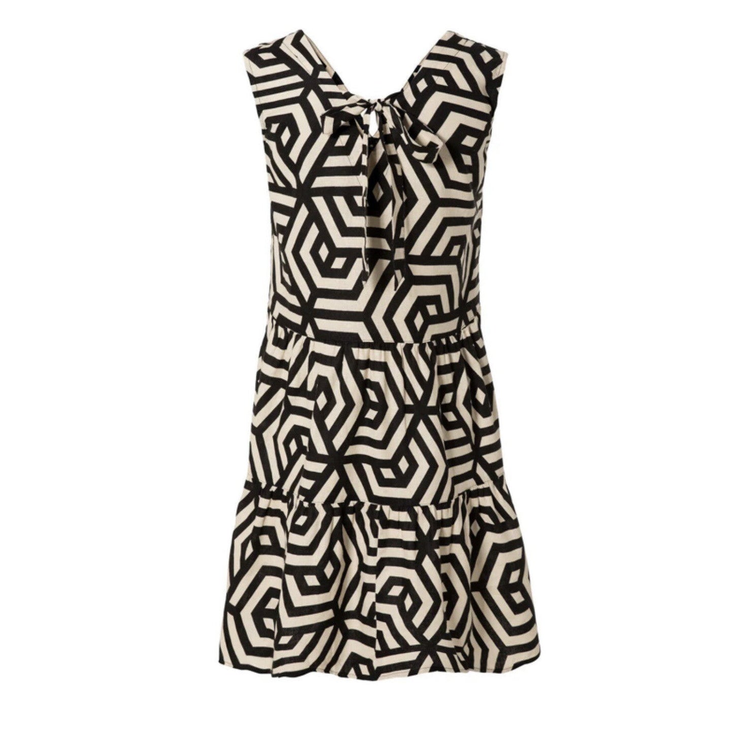 ESMARA Women's Linen Blend V-Neck Dress Geometric Print Black Cream