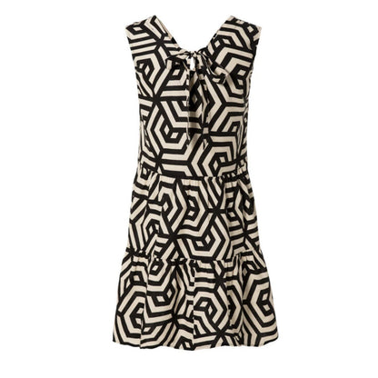 ESMARA Women's Linen Blend V-Neck Dress Geometric Print Black Cream