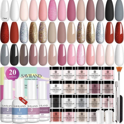 Saviland 20-Color Dipping Powder Nail Kit with Vibrant Shades