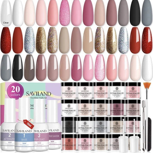 Saviland 20-Color Dipping Powder Nail Kit with Vibrant Shades