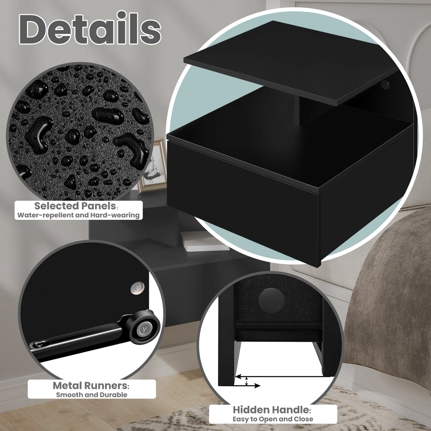 WOLTU Floating Wall-Mounted Nightstand with Drawer and Shelf – Black