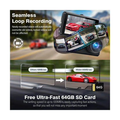 Miden S7 2.5K Dual Dash Cam Front and Rear with 64GB SD Card