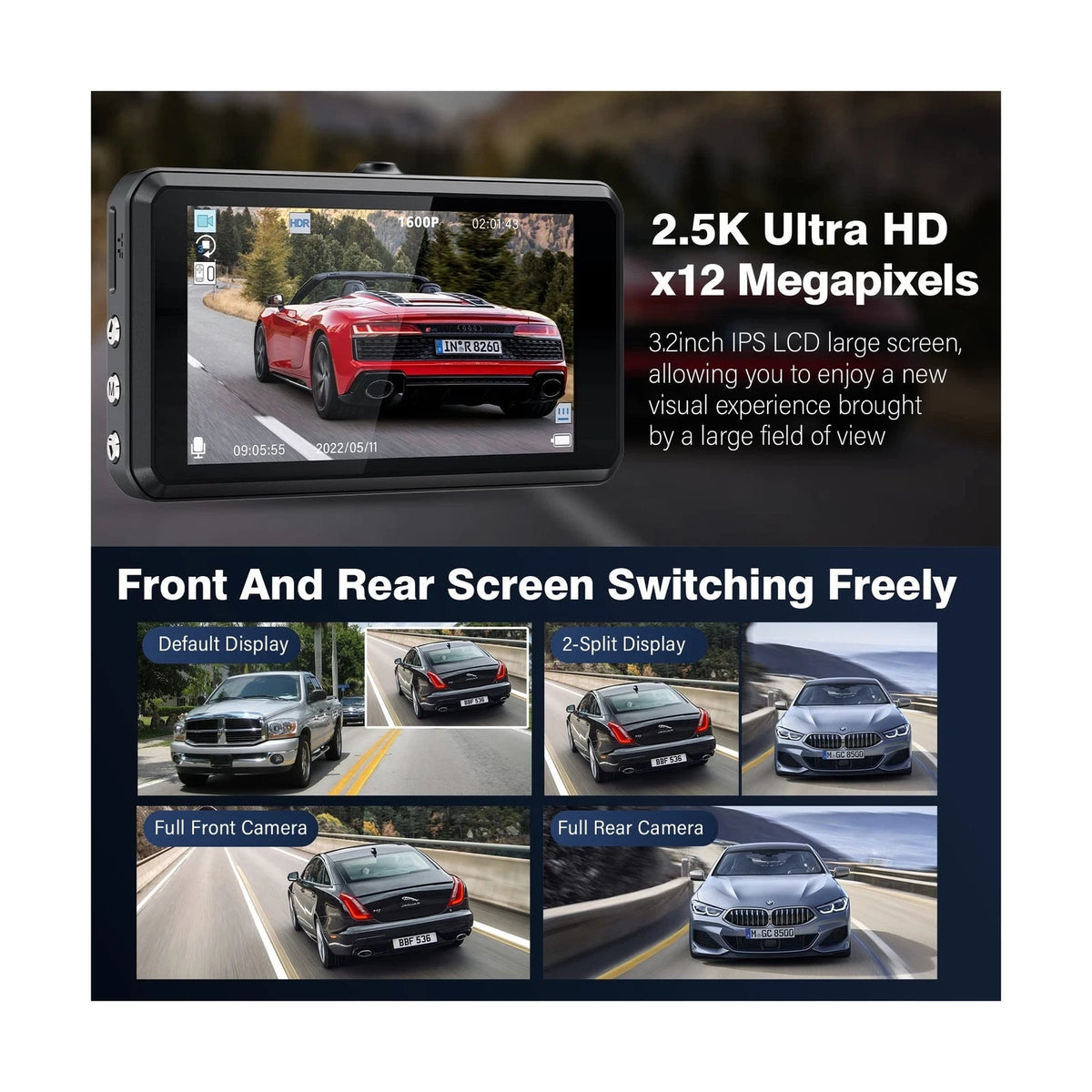 Miden S7 2.5K Dual Dash Cam Front and Rear with 64GB SD Card