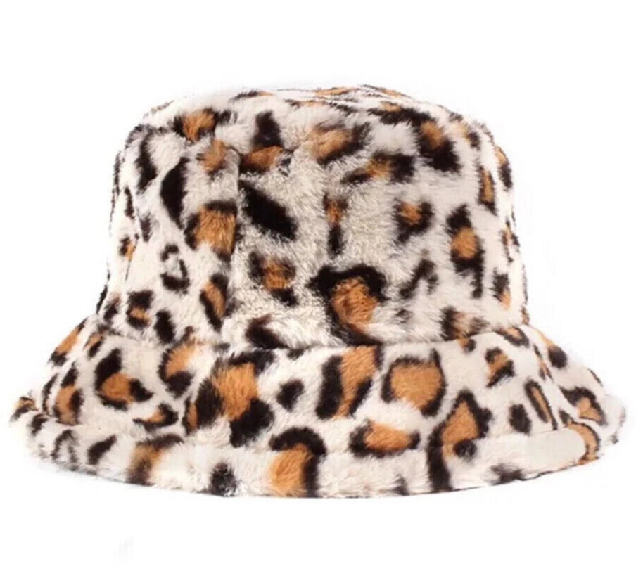 Leopard Print Plush Fuzzy Bucket Hat Soft Faux Fur