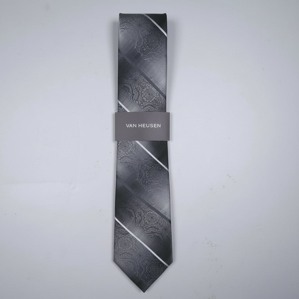 Van Heusen Gray Black Striped Floral Neck Tie