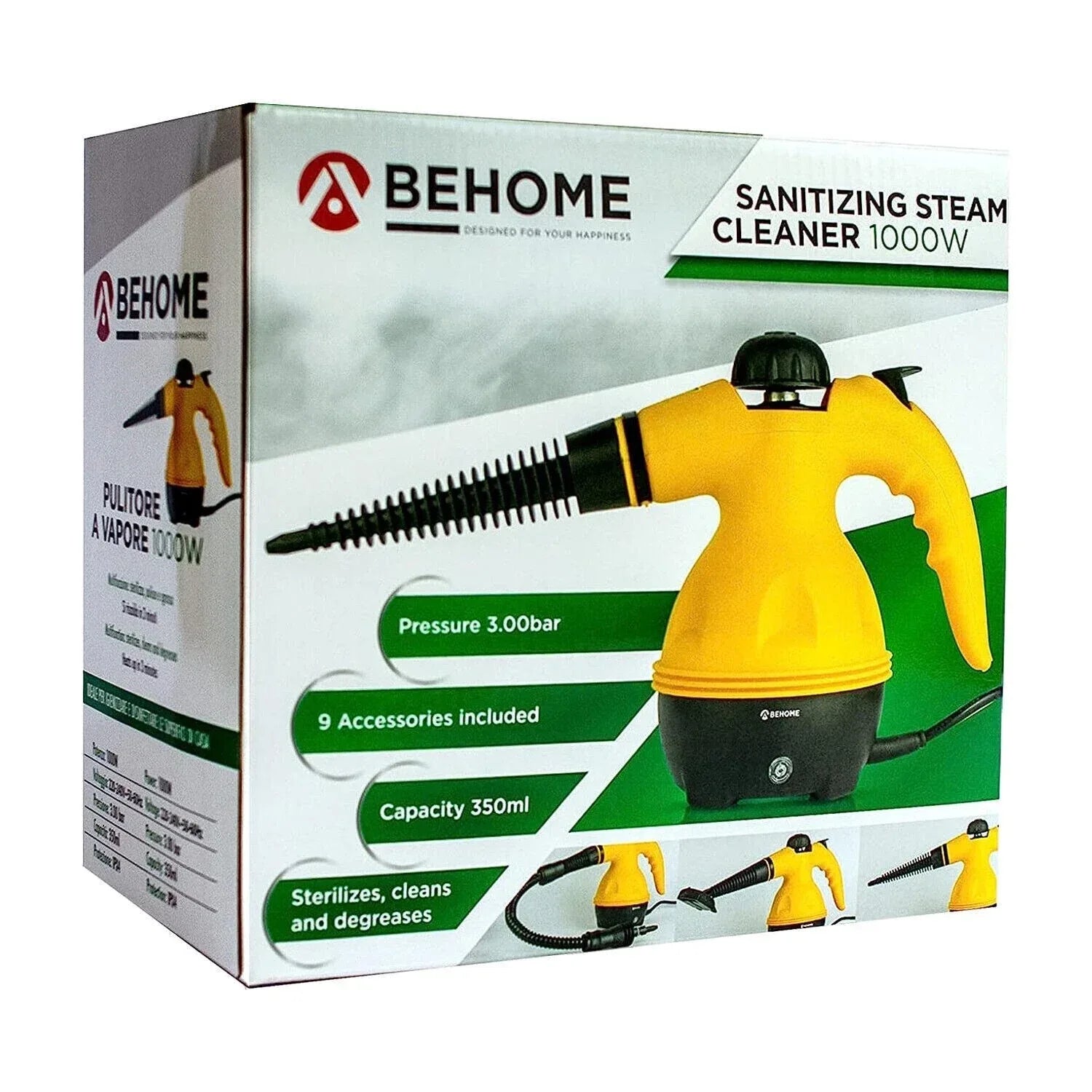 1000W Ergonomic Handle Portable Yellow Steam Cleaner with 9 Accessories - Gomix Brands Outlet