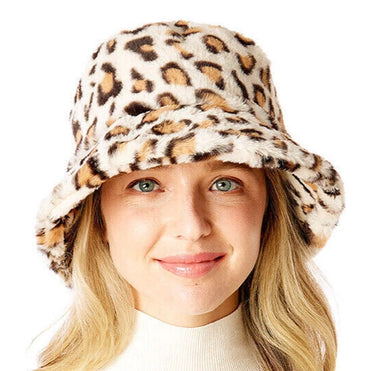 Leopard Print Plush Fuzzy Bucket Hat Soft Faux Fur