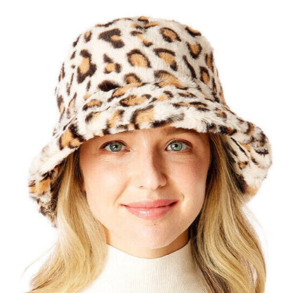 Leopard Print Plush Fuzzy Bucket Hat Soft Faux Fur
