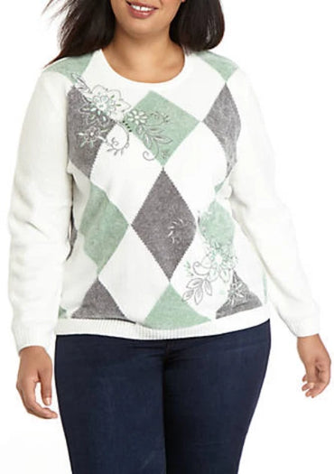 Alfred Dunner Lake Geneva Ivory Green Chenille Pullover Sweater