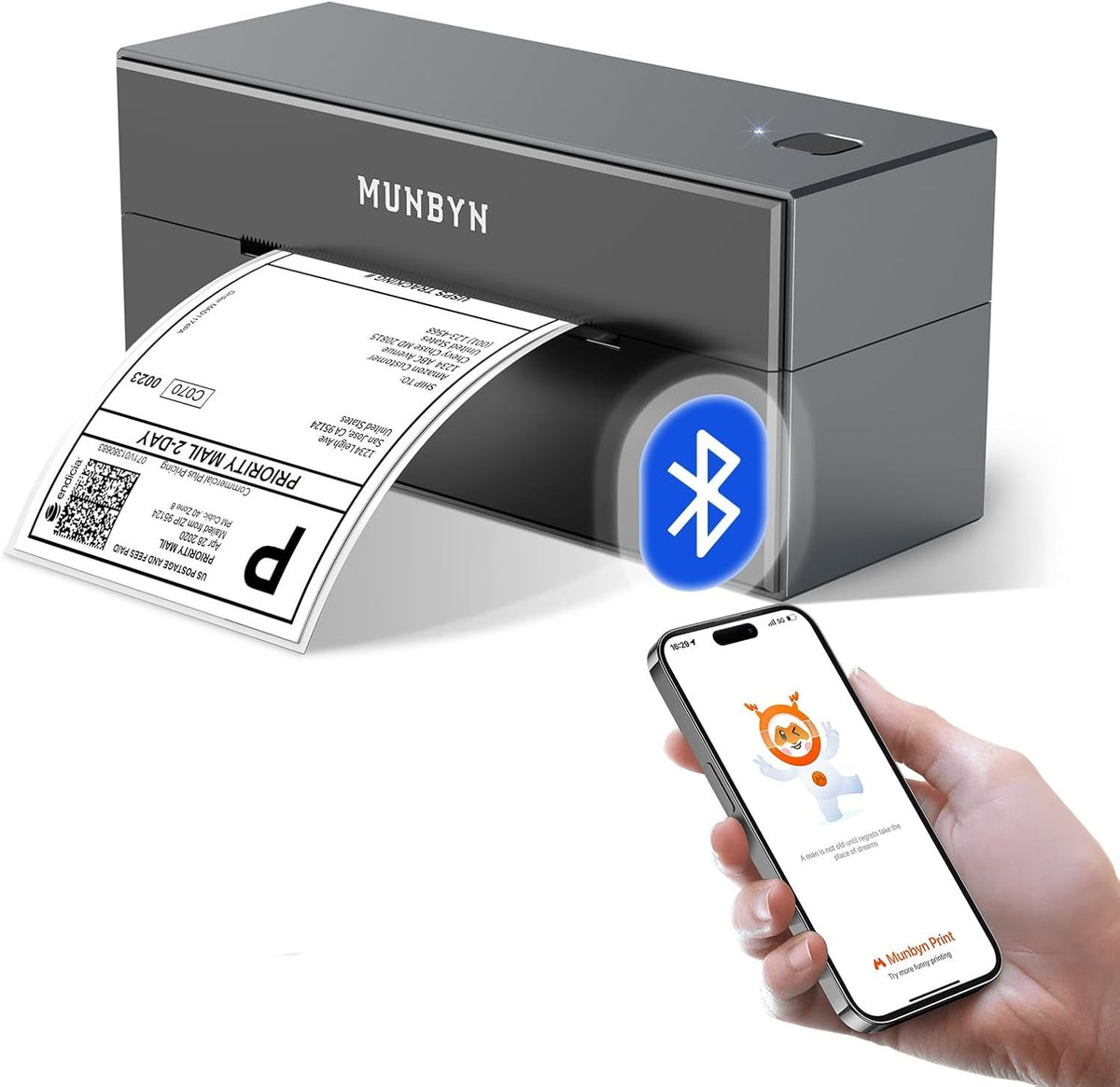 MUNBYN Thermal Shipping Label Printer ITPP129B Bluetooth Black