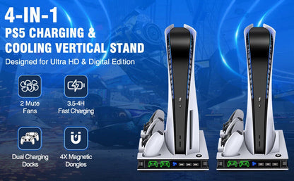 Vertical Cooling Stand and Dual Controller Charging Station for PS5