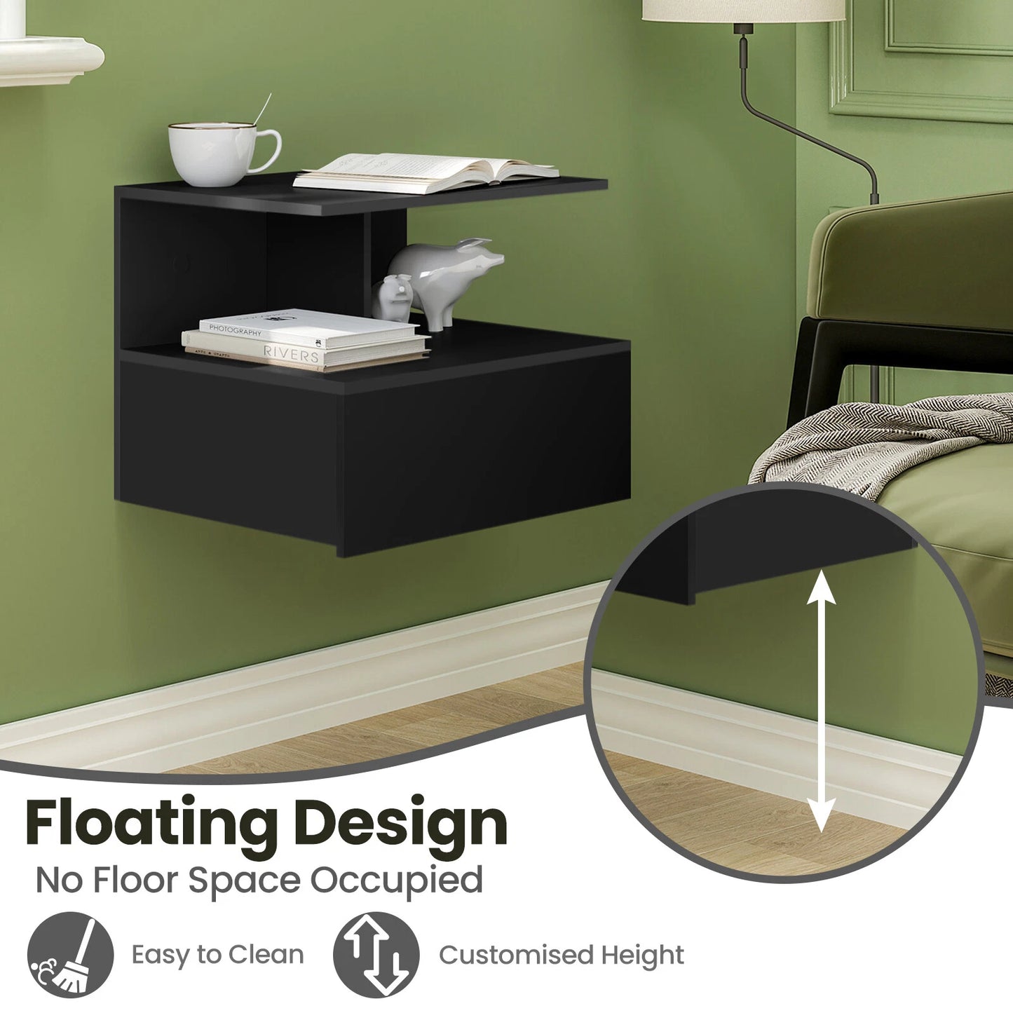 WOLTU Floating Wall-Mounted Nightstand with Drawer and Shelf – Black