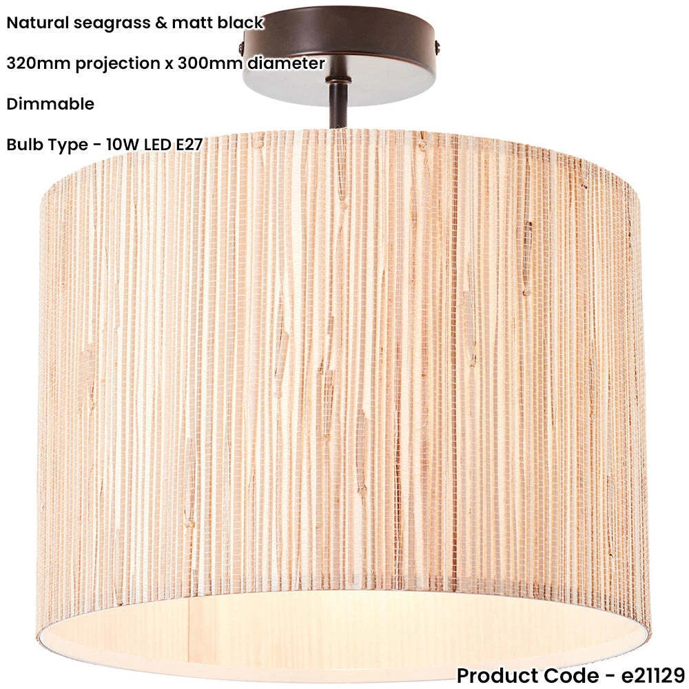 Natural Seagrass Matt Black Semi-Flush Low Ceiling Light 10W LED