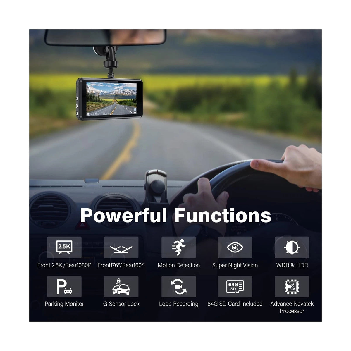 Miden S7 2.5K Dual Dash Cam Front and Rear with 64GB SD Card
