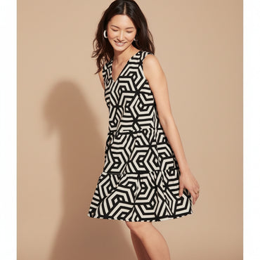 ESMARA Women's Linen Blend V-Neck Dress Geometric Print Black Cream