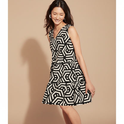 ESMARA Women's Linen Blend V-Neck Dress Geometric Print Black Cream
