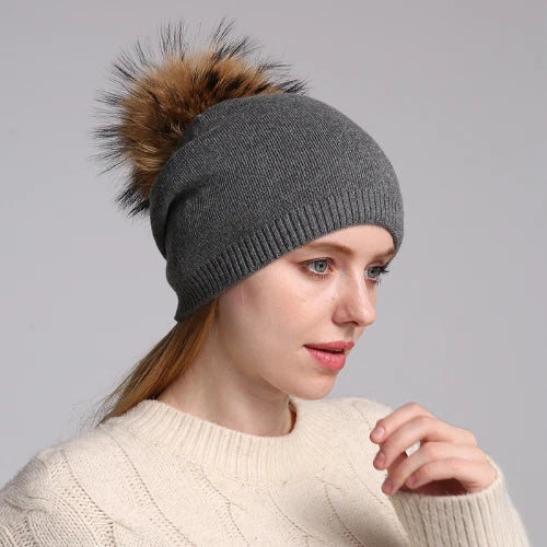 Women's Warm Wool Cashmere Pompom Beanie Hat with Real Fur