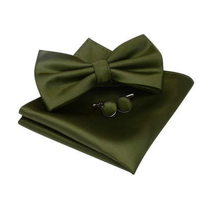 Olive Green Men's Solid Pre-tied Bow Tie with Pocket Square