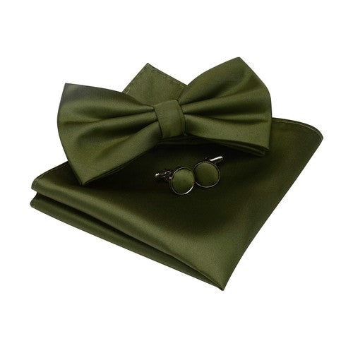 Olive Green Men's Solid Pre-tied Bow Tie with Pocket Square