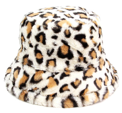Leopard Print Plush Fuzzy Bucket Hat Soft Faux Fur
