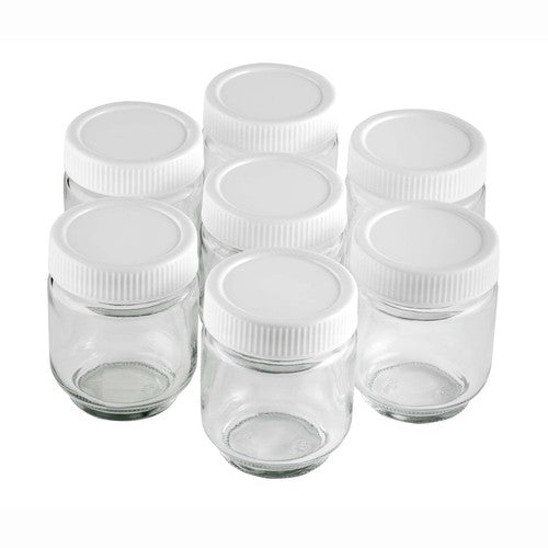 LACOR 7-Piece Transparent Glass Yogurt Jar Set with White Lids