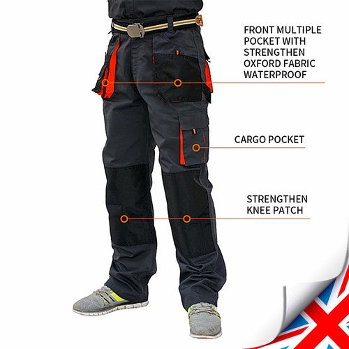 Red Grey Classic Heavy‑Duty Cargo Work Trousers with Knee Pads