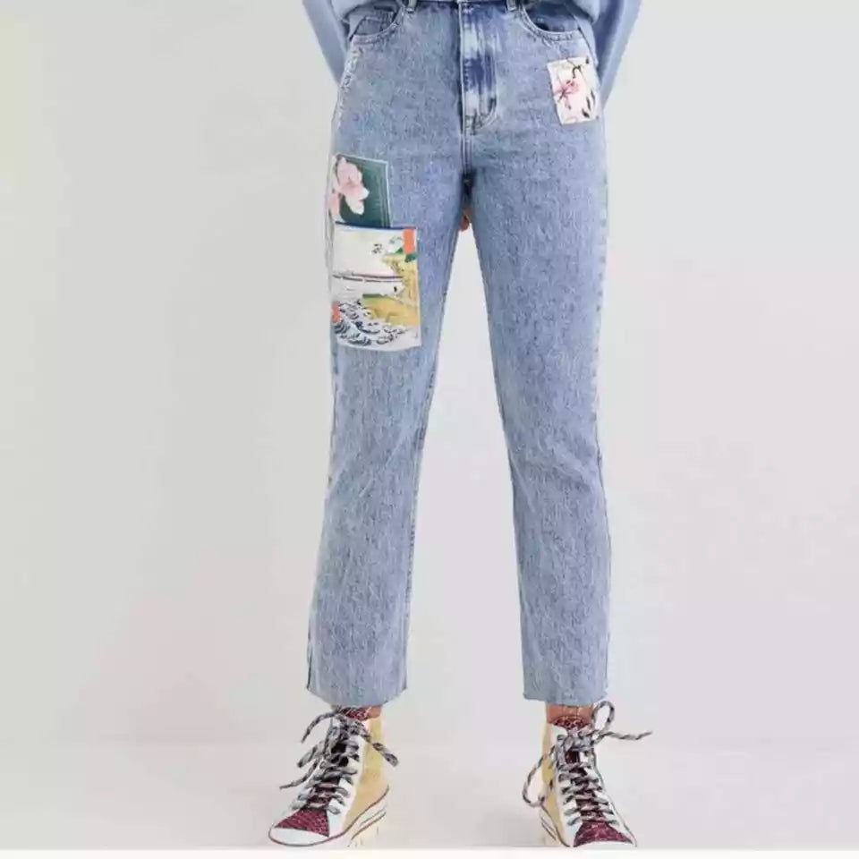 Desigual Women's Patchwork Straight Jeans in Blue