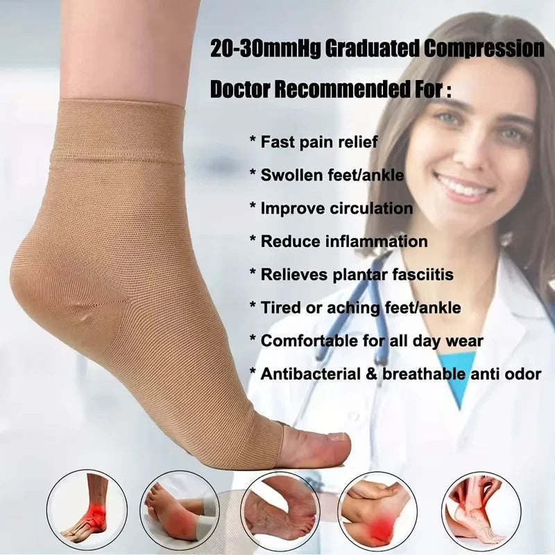 Compression sock with a doctor and list of benefits on a white background