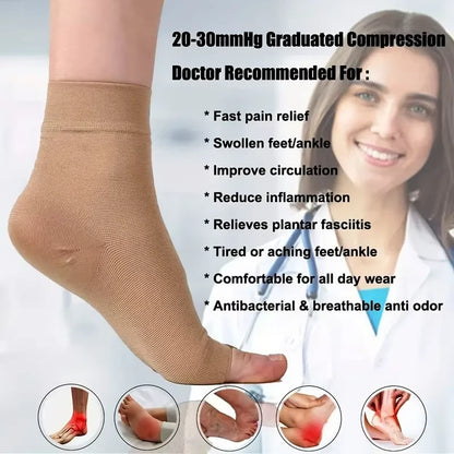 Compression sock with a doctor and list of benefits on a white background