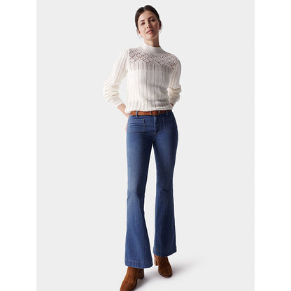 Salsa Women's White Openwork Knit Sweater – Elegant Long Sleeve Pullover Top