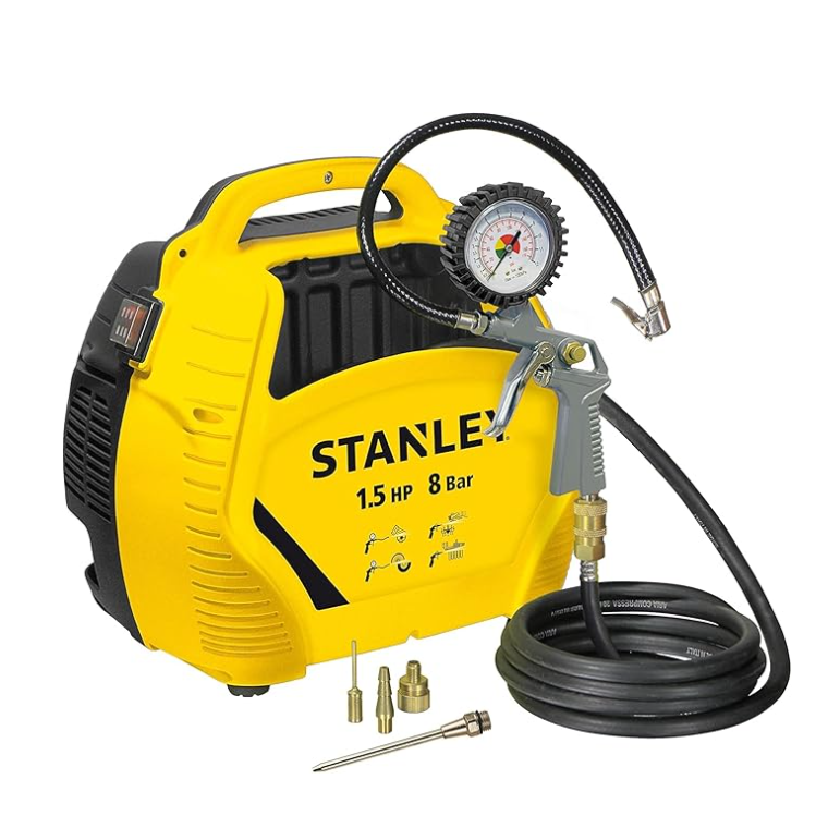 Yellow and black Stanley air compressor with hose and attachments on a white background