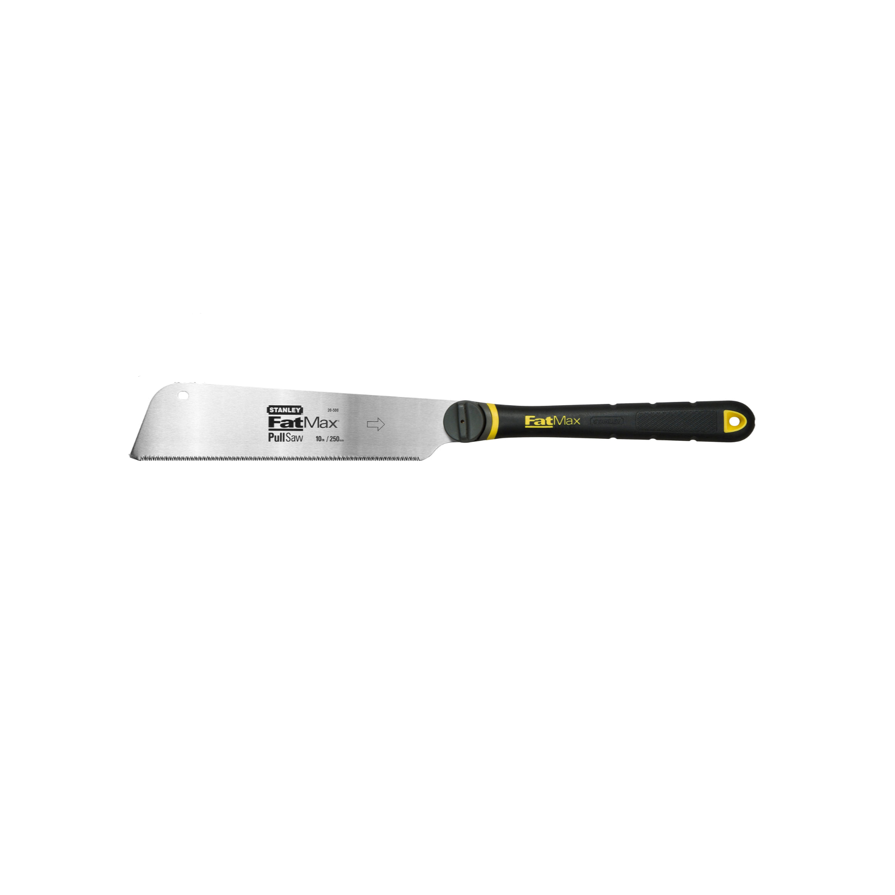 Putty knife with black handle and yellow accent on a white background
