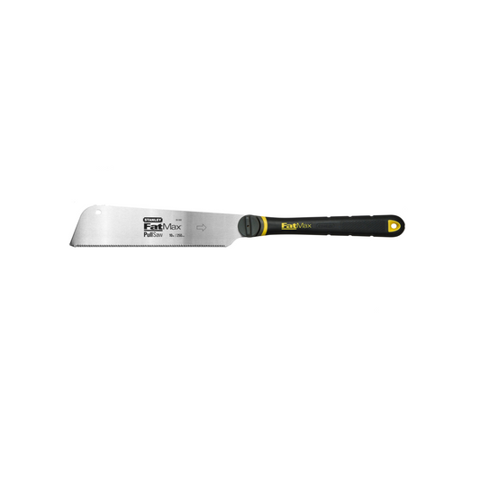 Putty knife with black handle and yellow accent on a white background