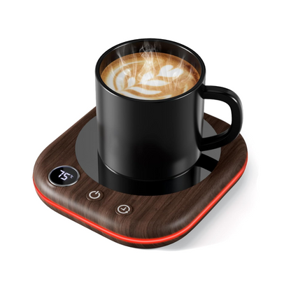 Black mug with steaming coffee on a wooden coaster with digital display